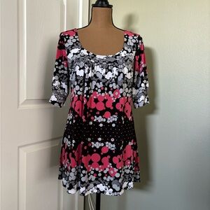 Mix it white black and pink polka dot blouse with 3/4 sleeves 
Size large